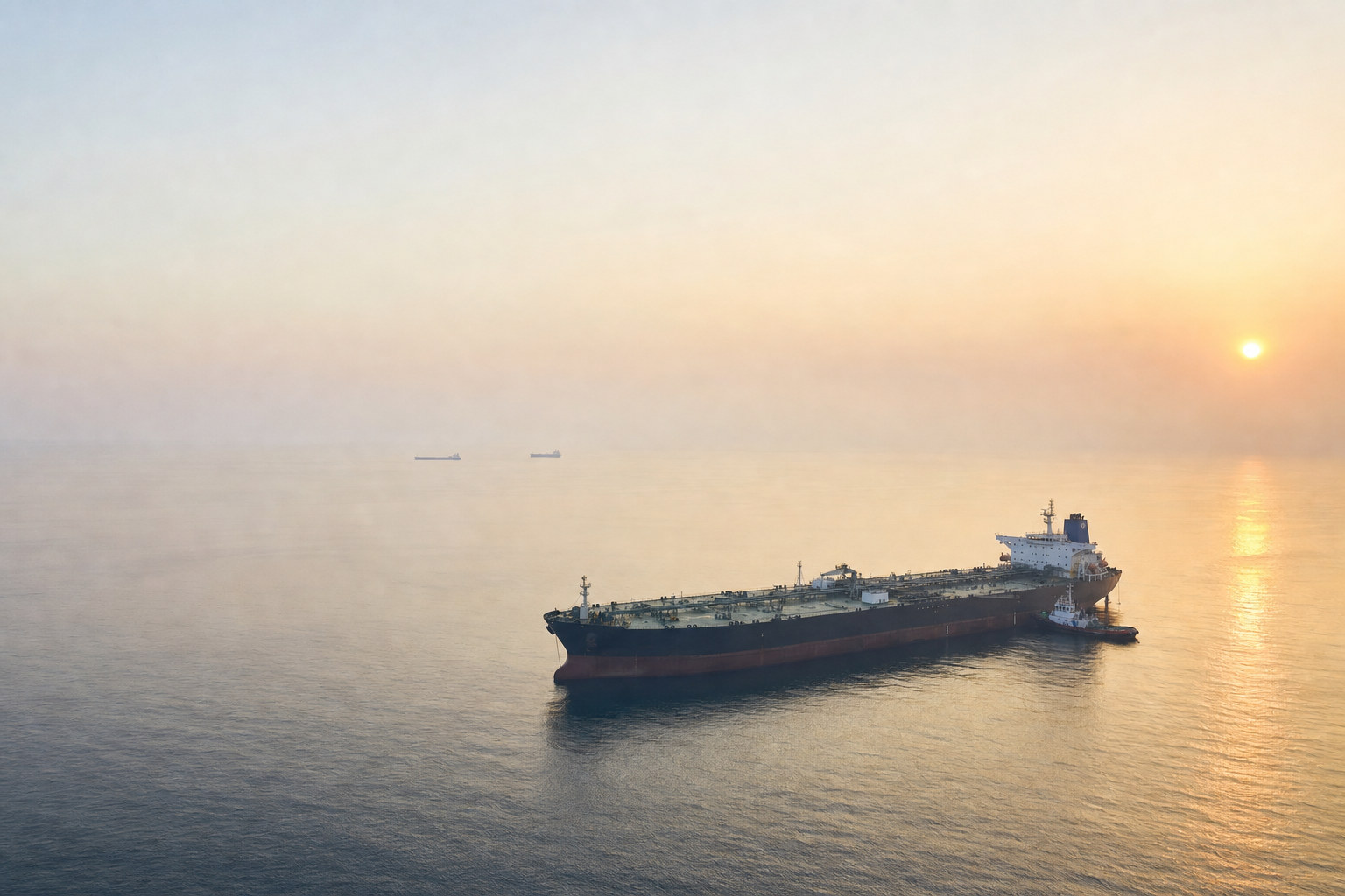 A laden tanker at anchor on a calm sea at dawn, a tug alongside, two vessels on the horizon.